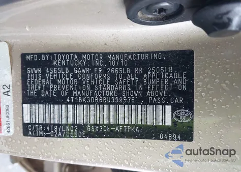 2011 Toyota Avalon Limited z USA, uszkodzony, nr VIN 4T1BK3DB6BU399536